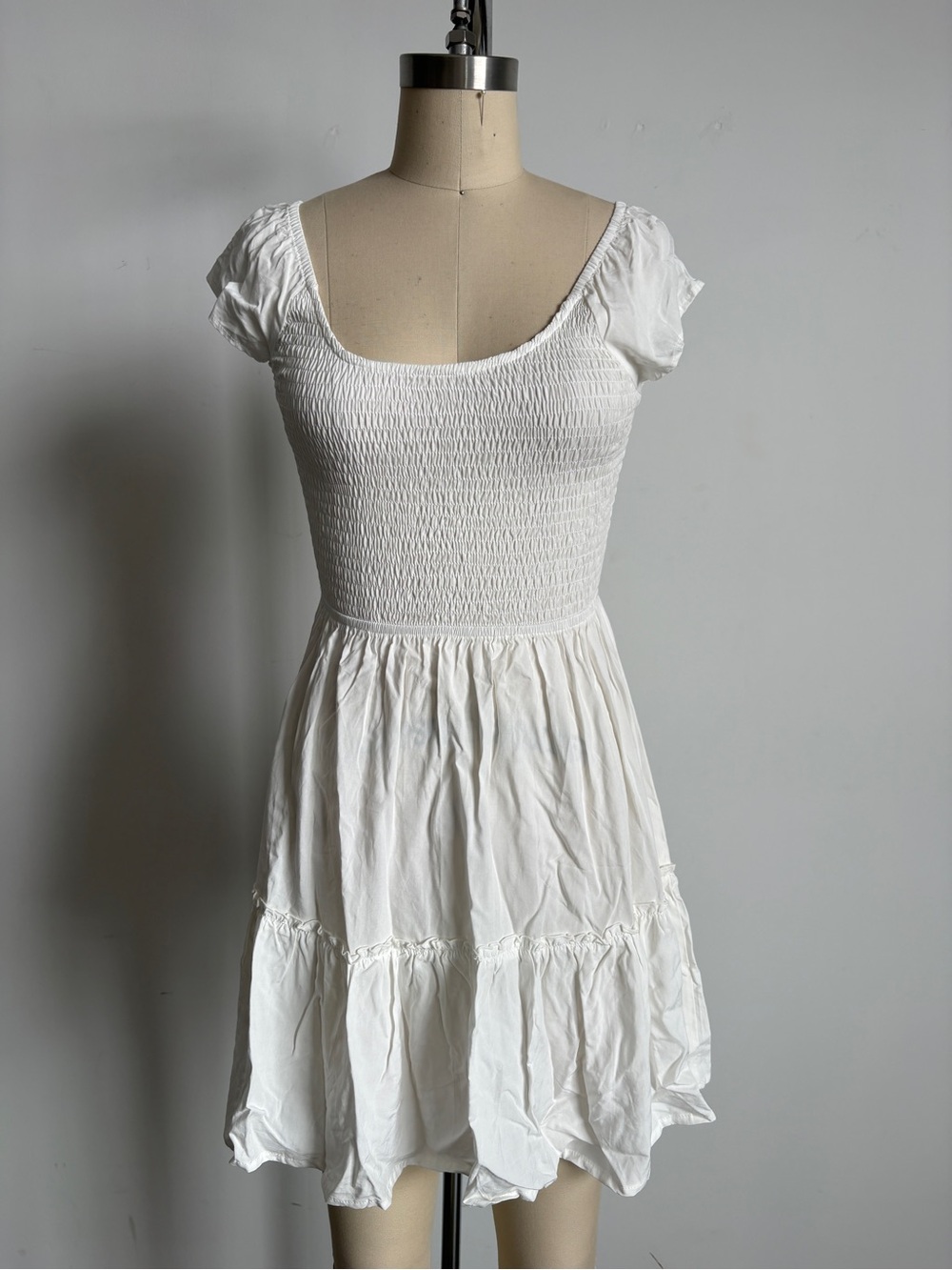 NWOT Lusana Smocked Scoop-Neck Mini Dress in White Sz Small